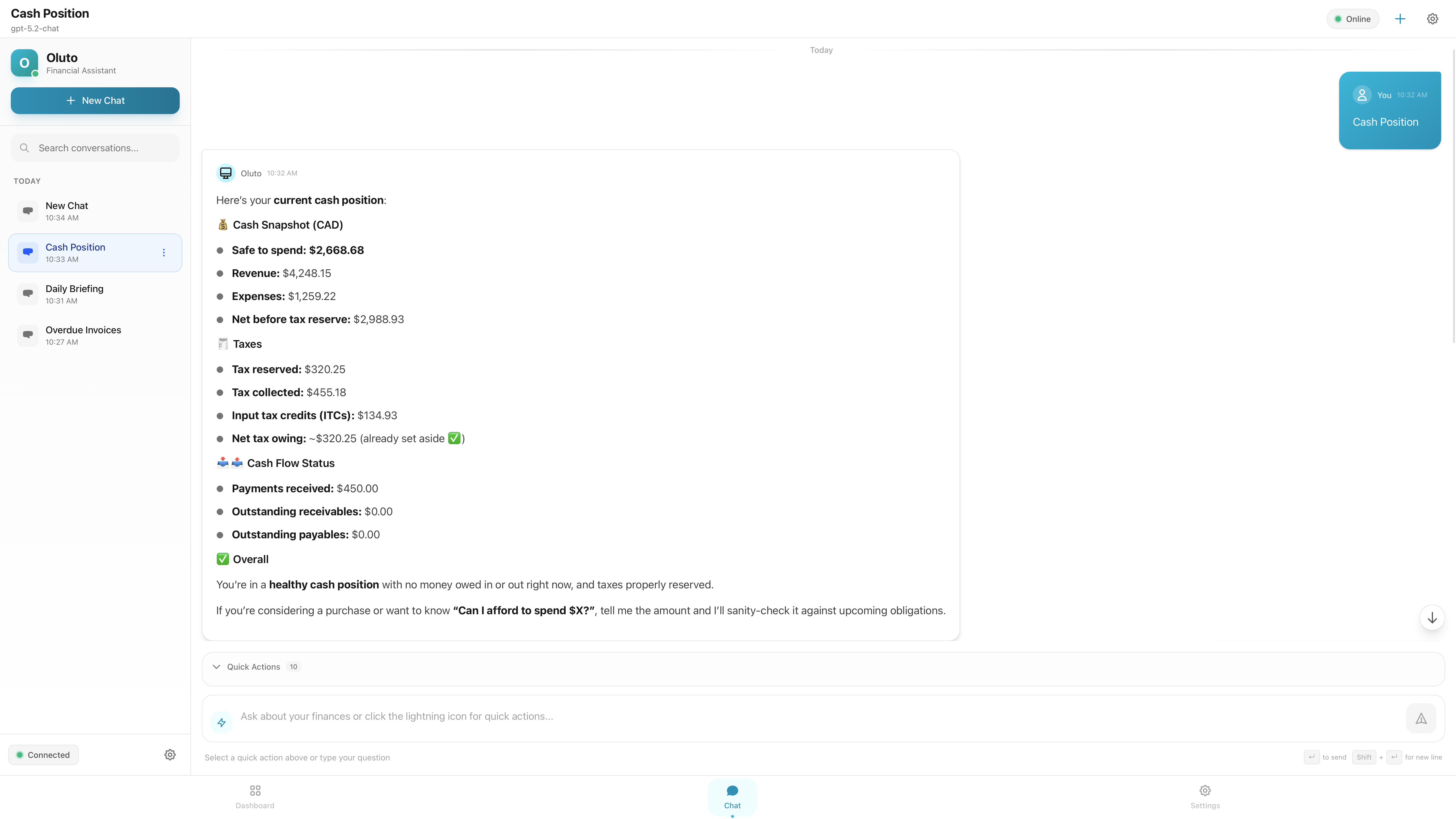 Oluto Cash Position Dashboard